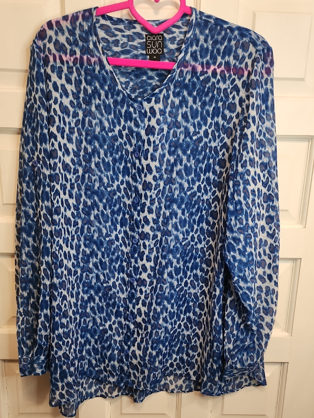 Ciara Sun Woo Blue Leopard Print Button Front Blouse Somewhat Sheer